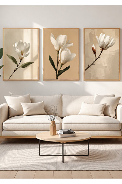 NT Handmade Set de picturi decorative din 3 piese cu flori de magnolie, cu ra...