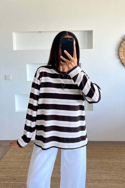 butikhola Brown Soft Textured Striped Sweatshirt