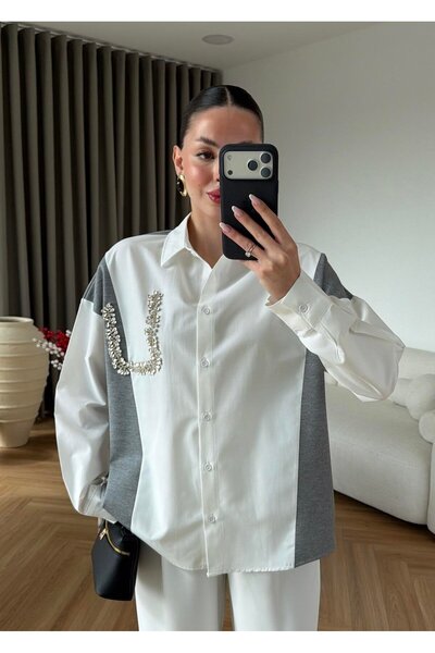 HARMONY GLOBAL Kadın Beyaz Gri Taş İşlemeli Triko Detaylı Oversize Gömlek