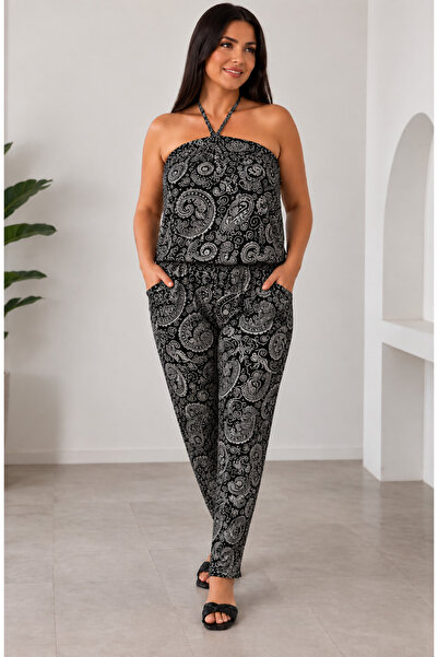 CNG MODA Halter Neck Patterned Summer Jumpsuit with Pockets