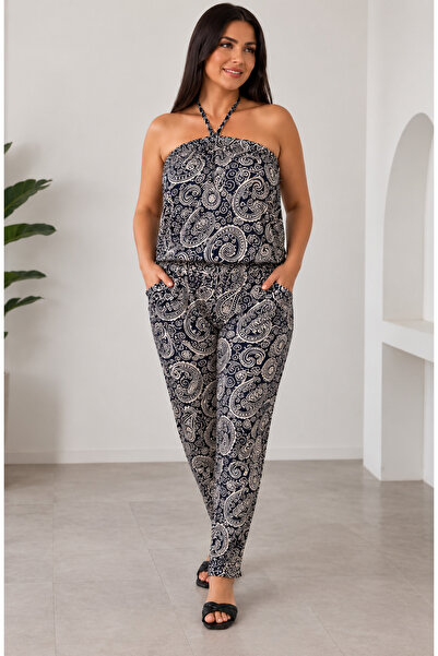 CNG MODA Halter Neck Patterned Summer Jumpsuit with Pockets