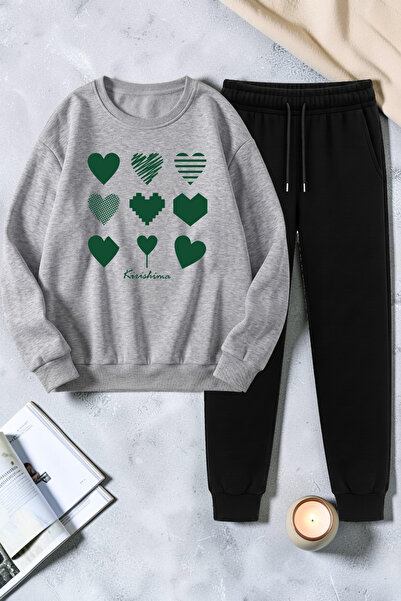 uyguntarz Unisex Ribbon Printed Crew Neck Sweatshirt - 2-Piece Tracksuit Set