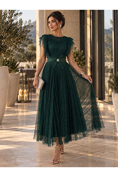 Divin store Rochie elegantă verde din tulle plisat cu volănașe