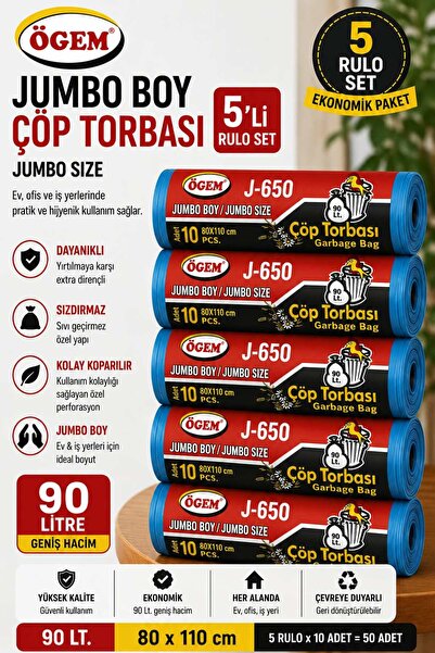 Ögem Jumbo Boy Çöp Torbası Mavi J-650 80x110 cm 90 Lt Rulo İçi 10 Adet 5'li R...