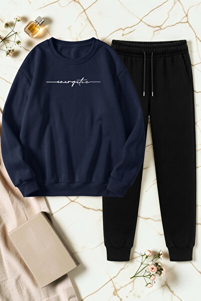 uyguntarz Unisex Energetic Printed Crew Neck Sweatshirt - 2-Piece Tracksuit Set
