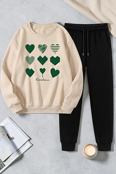 uyguntarz Unisex Ribbon Printed Crew Neck Sweatshirt - 2-Piece Tracksuit Set