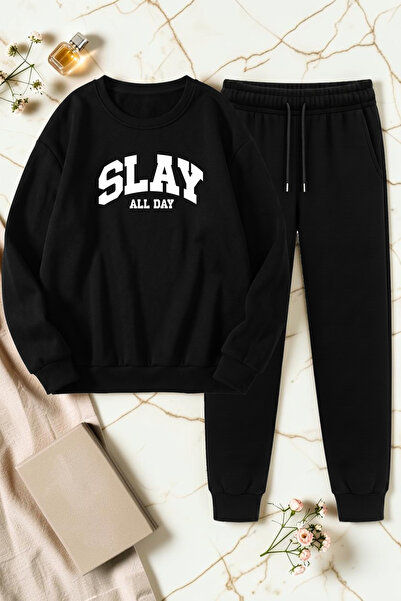 uyguntarz Unisex Slay All Day Printed Crew Neck Sweatshirt - 2-Piece Tracksui...