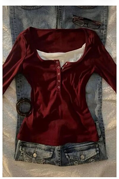 Köstebek Henley Yaka Çıtçıtlı Ek Paçalı Bordo Bluz