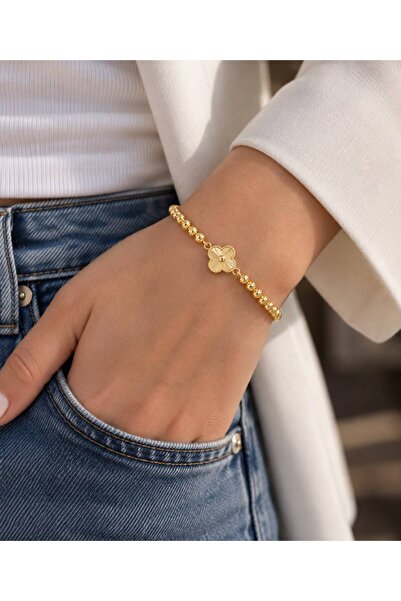 Yonca Figürlü Işıltılı Boncuk Zincir Bileklik – Ayarlanabilir Model Gold
