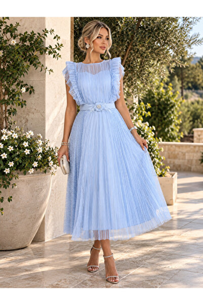 Divin store Rochie elegantă baby blue din tulle plisat cu volănașe