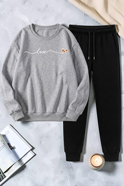 uyguntarz Unisex Heart Ribbon Printed Crew Neck Sweatshirt - 2-Piece Tracksui...