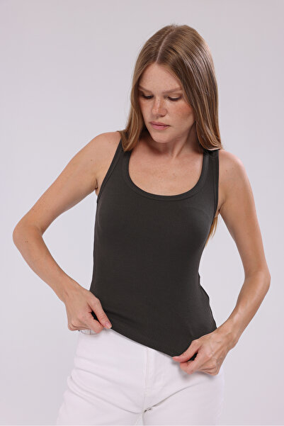 THE WESS Women's Terry Fabric U-Neck Strappy Basic T-Shirt