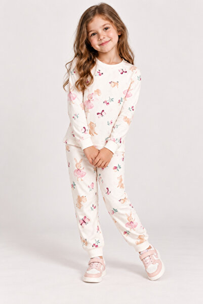 mini kanka Girls' Pajama Set Rabbit and Cute Animal Patterned Long Sleeve Bot...