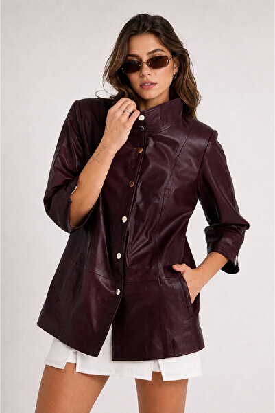 The Leather Craft Kadın Bordo Hakiki Deri Dik Yaka Truakar Kol Düğmeli Deri T...