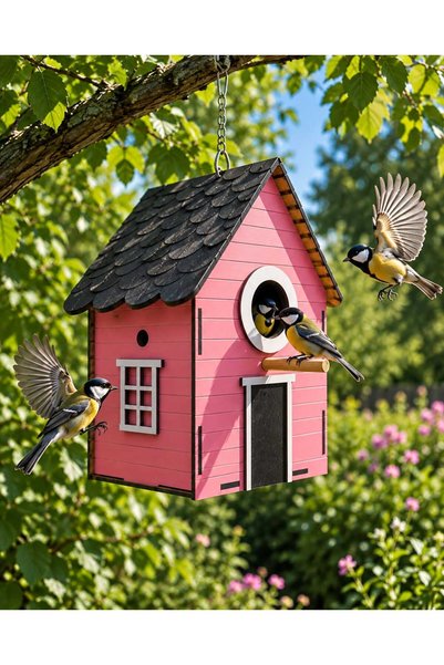 WoodenZoo Wooden Decorative Bird House Nest, Nesting Box, Balcony, Garden Accessory (Pink 16X10X22 cm)
