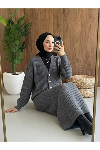 PALME D'OR Women's Plush Textured Premium Knitwear Cardigan Skirt Two-Piece Set