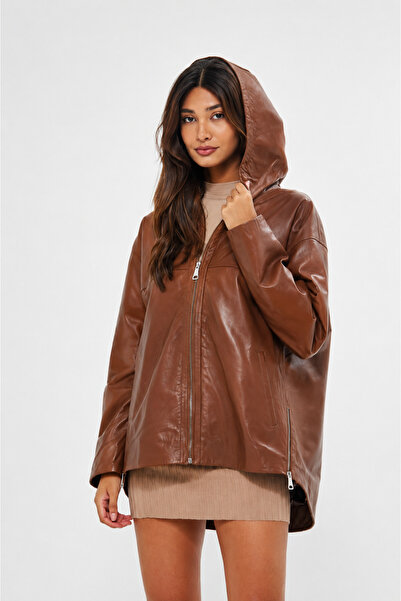 The Leather Craft adın Kahverengi %100 Hakiki Deri Kapüşonlu Ceket Oversize R...