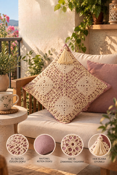 Pudra Pembe Krem Örgü Motifli Dekoratif Kırlent Kılıfı | Püsküllü Bohem Yastık Kılıfı