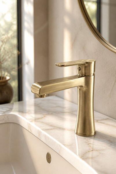 İSAOĞLU YAPI Eskitme Antik Lavabo Bataryası Fırçalanmış Antik Gold Lavabo Arm...
