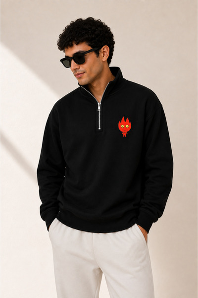Jooy Ateş ve Su Baskılı Yarım Fermuarlı Dik Yaka Sweatshirt Sevgili Çift Kombini 2'li Set