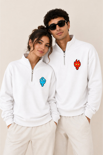 Jooy Ateş ve Su Baskılı Yarım Fermuarlı Dik Yaka Sweatshirt Sevgili Çift Kombini 2'li Set