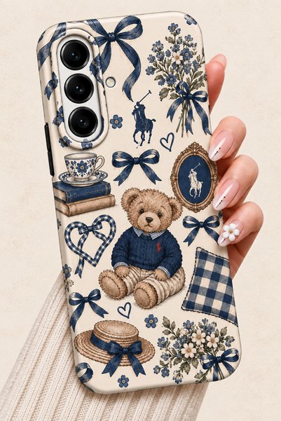 Kipgsm Samsung Galaxy S24 Plus Uyumlu Kılıf Lacivert Fiyonklu Teddy Bear Vint...