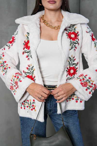 FancyWorld Desenli Nakış İşlemeli Vintage Premium Kürk Ceket