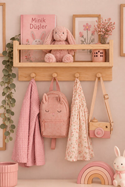 The N Wood Ahşap Askılık Raf Ve Kitaplık Raf Eğitici Montessori Raf 30 Cm