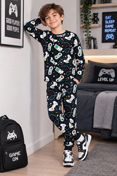 mini kanka Boys' Game Console Patterned Long Sleeve Pajama Set – Gamepad Prin...
