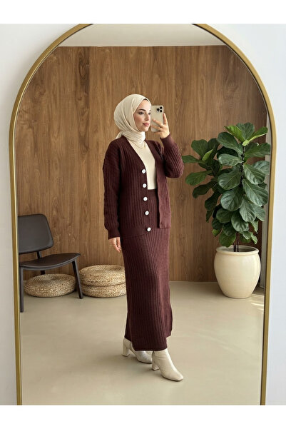PALME D'OR Women's Plush Textured Premium Knitwear Cardigan Skirt Two-Piece Set