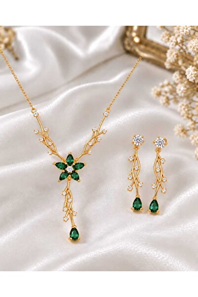 Feays 925 Ayar Gümüş Yeşil Taşlı Sarmaşık Model Nergis Çiçeği Kolye Küpe Set