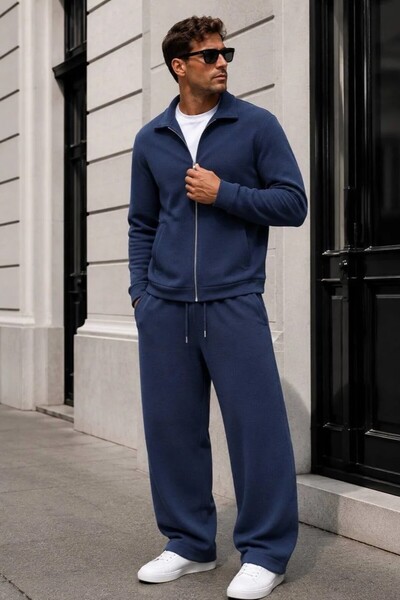 MADZEYMODA Men's Navy Blue Crep Jacket & Baggy Pants Bottom Top 2-Piece Set L...