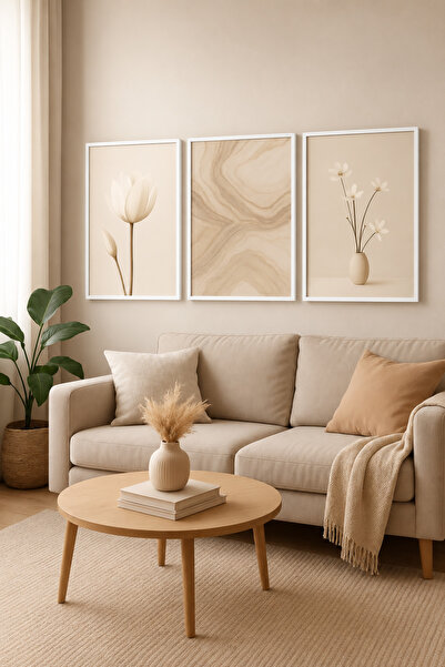 NT Handmade Doğal Ahşap Çerçeveli 3'lü Minimal Çiçek ve Mermer Desenli Duvar ...