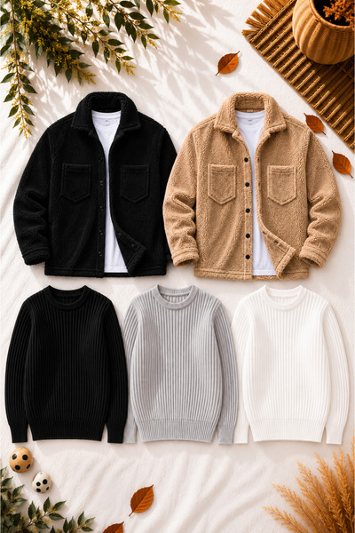 legends butik Men's 5-Piece Winter Combination Set 2 Plush Jackets 3 Crew Nec...