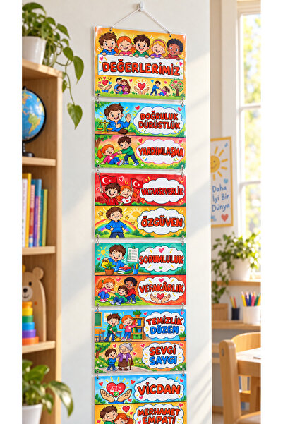 AlohamoraShop Değerlerimiz Askılı Sınıf Panosu 6 Parça Laminasyonlu 30x134 cm...