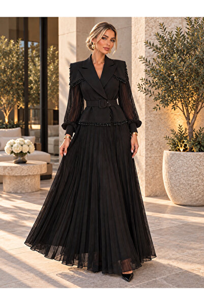 Divin store Rochie elegantă neagră lungă din voal plisat cu sacou și detalii ...