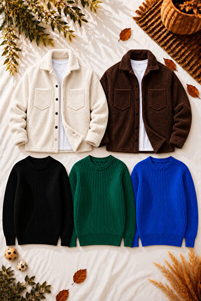 legends butik Men's 5-Piece Winter Combination Set 2 Plush Jackets 3 Crew Nec...
