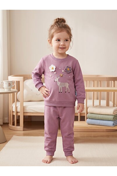 Deniva Kids Kız Bebek Gül Kurusu Geyik Nakışlı 3 Boyutlu Çiçek Detaylı İki İp...