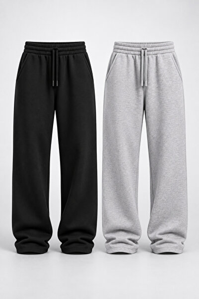 RABTEKS Pack of 2 Unisex Baggy Wide Leg Sweatpants Black & Gray Oversize Comf...