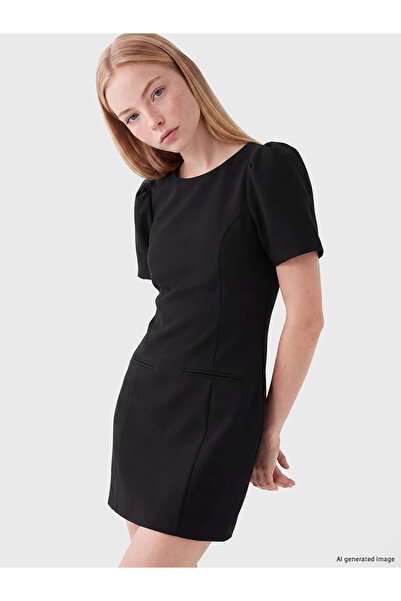 LC Waikiki Xside Black Balloon Sleeve Waist-Slit Mini Dress