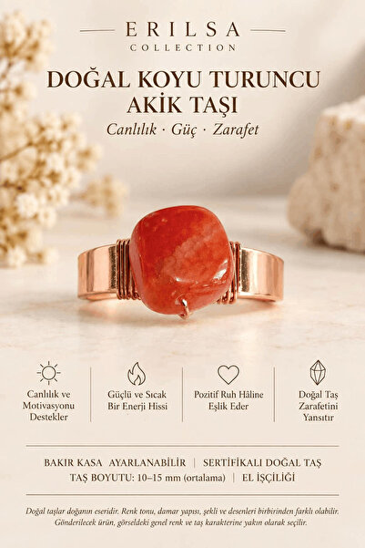Erilsa Certified Natural Dark Orange Agate Stone Ring Copper Case Adjustable ...
