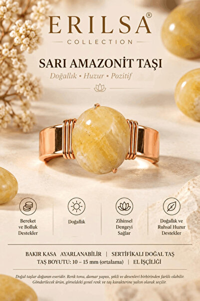 Erilsa Certified Yellow Amazonite Stone Natural Stone Ring Copper Case Adjust...
