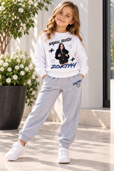 Kız Çocuk Manifest ZoktayBaskılı Beyaz Sweatshirt& Gri Eşofman 2li Takım