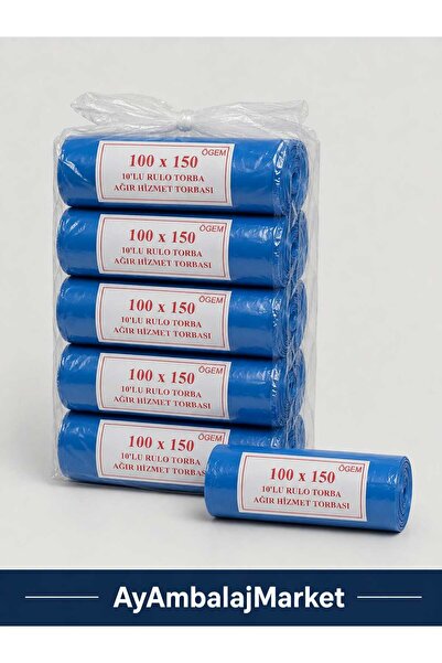 Ögem Hantal Boy Ağır Hizmet Mavi Çöp Torbası 100x150 cm 200 Lt Rulo içi 10 ad...