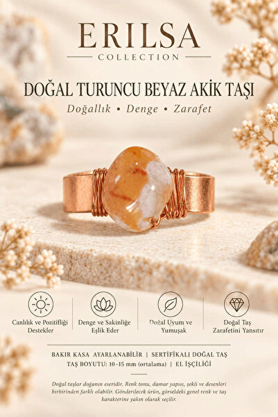 Erilsa Certified Natural Orange White Agate Stone Ring Copper Case Adjustable...