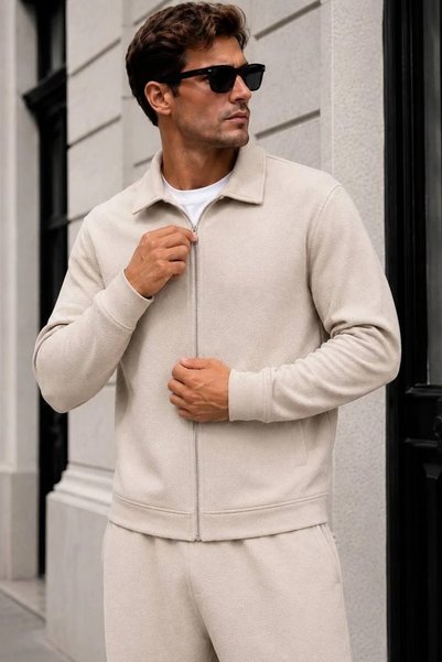 MADZEYMODA Men's Beige Crep Jacket & Baggy Pants Bottom Top 2-Piece Set Ls-16108