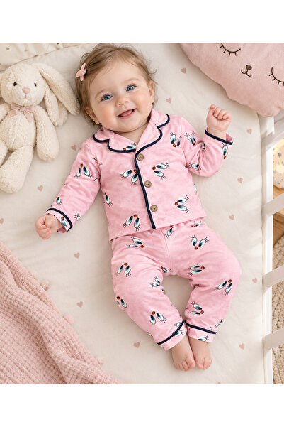 Pembe Civciv desenli Alt üst bebek pijama takımı -%100 PAMUKLU