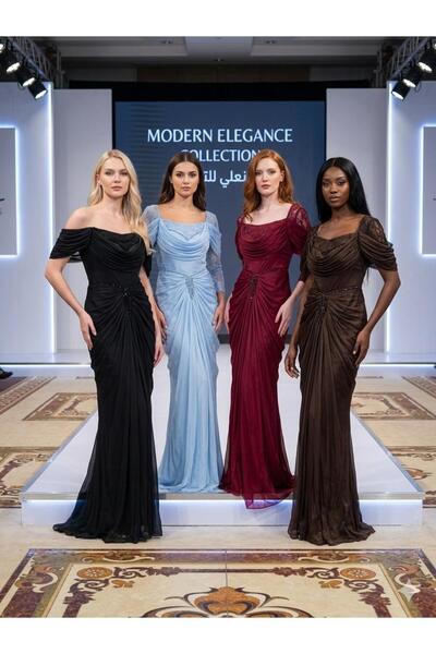 Generic Brand Long Evening Gown with a Gathered Cut, Short Sleeves, and an El...