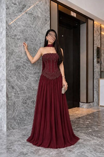 Calissa Store Women's Burgundy Corset Embroidered Evening Dress and Neck Scarf