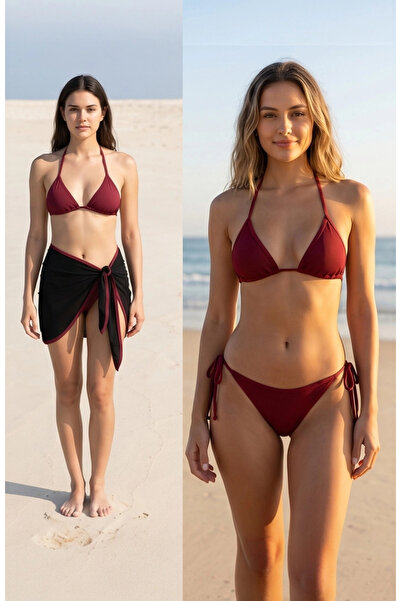 Kadın Bordo Siyah Pareolu Yandan ve Boyundan Bağlamalı 3'lü Bikini Takımı – Modern, Konforlu ve Günl